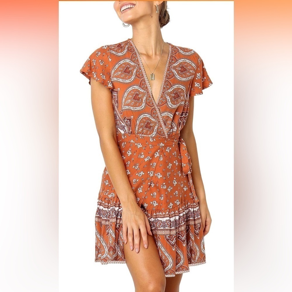 Boutique Summer Wrap V Neck Bohemian Floral Print Ruffle Swing A Line Mini Dress